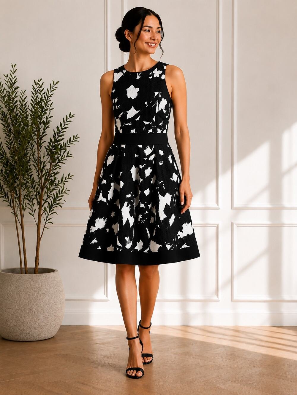 Banana Republic Textured Floral Fit Flare Dress Black White 6